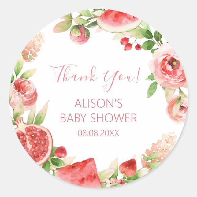 Sticker Rond Rose Rose Floral Vert Fille Baby shower (Devant)