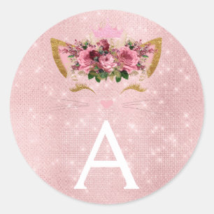 Sticker Rond Rose Rose Gold Sparkine Kitty Monogramme Anniversa