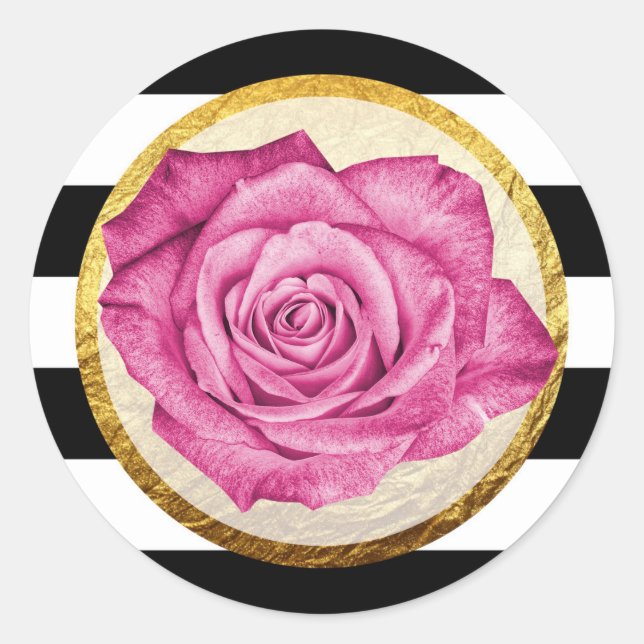 Sticker Rond Rose rose moderne Faux Or Foil Mariage rayé (Devant)