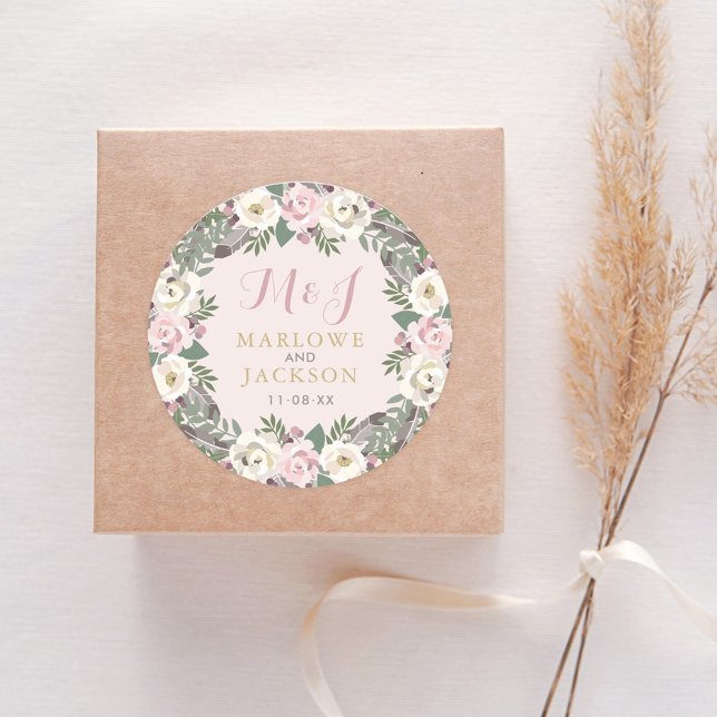 Sticker Rond Rose rose Moody Floral Boho Mariage Monogramme (Créateur téléchargé)