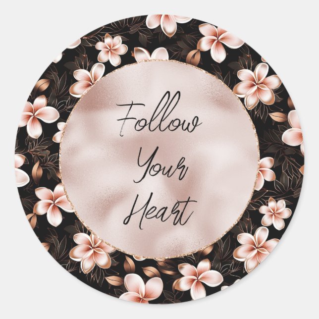 Sticker Rond Rose rose noire noire noire Floral or (Devant)