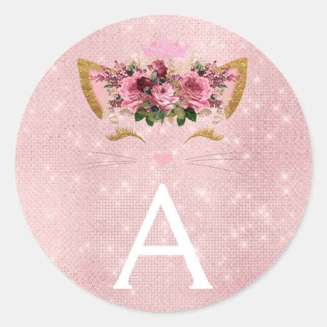 Sticker Rond Rose Rose Or Étincelle Kitty Monogramme Anniversai (Devant)