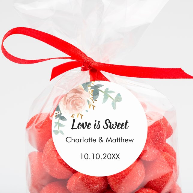 Sticker Rond Rose rose or floral mariage Love is Sweet (Créateur téléchargé)