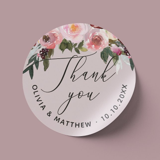 Sticker Rond Rose rose poussiéreuse élégante. Merci de mariage  (Créateur téléchargé)