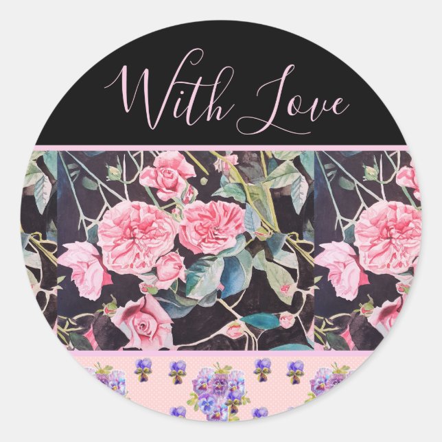 Sticker Rond Rose rose Rose Aquarelle Vintage personnalisable (Devant)