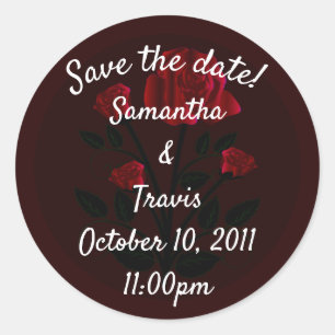 Sticker Rond Rose Rouge Bourgogne Élégant Mariage Enregistrer L