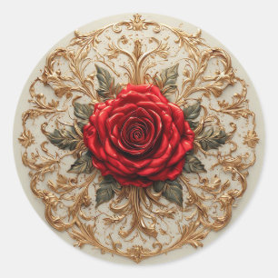 Sticker Rond Rose Rouge Élégante avec Motif Floral Orné en Or