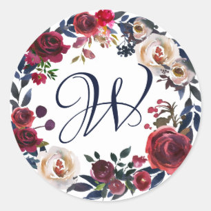 Sticker Rond Rose rouge et blanc couronne florale Monogramme