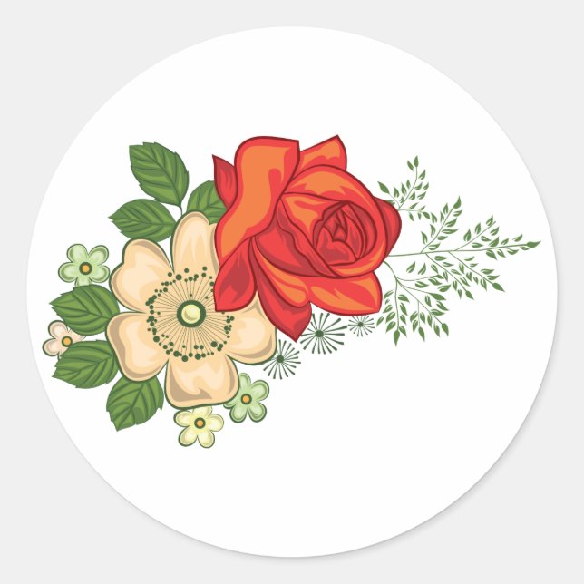 Sticker Rond Rose rouge et marguerites (Devant)