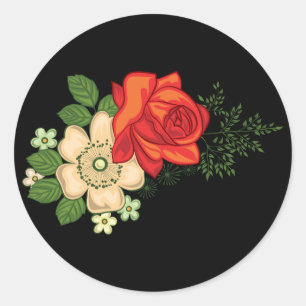Sticker Rond Rose rouge et marguerites sur fond noir