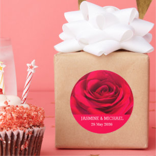 Sticker Rond Rose rouge Nom personnalisé Floral Mariage, Fiança