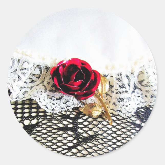 Sticker Rond Rose rouge romantique et dentelle blanche (Devant)