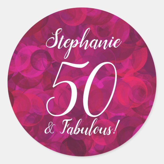 Sticker Rond Rose rouge rose 50 et Fabulous Anniversday Favor (Devant)