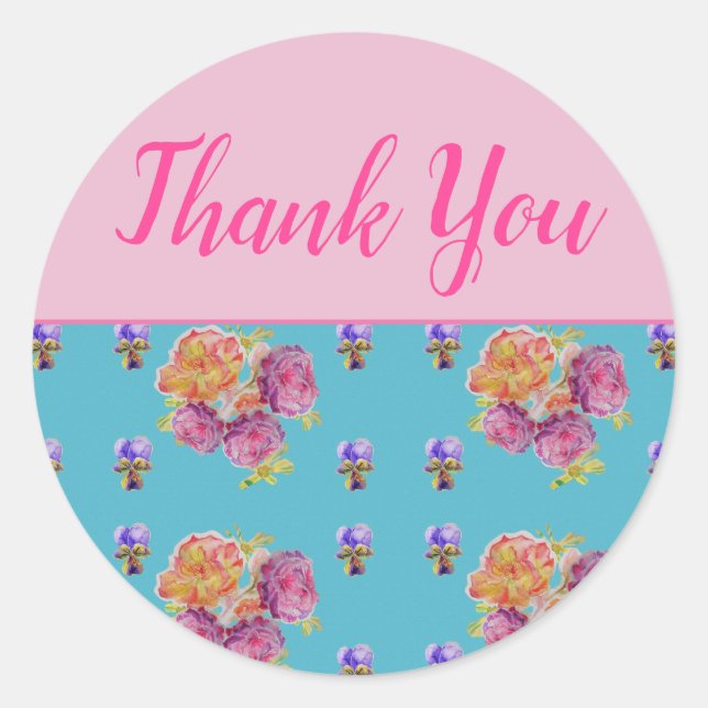 Sticker Rond Rose rouge Shabby Chic Aqua Turquoise Floral Flowe (Devant)