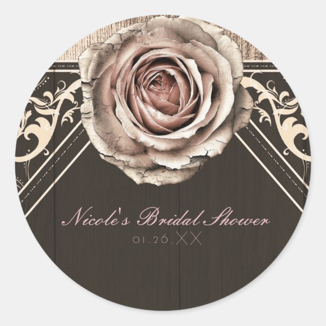 Sticker Rond Rose Rustique Élégant Bois Clair Diamant Faveur (Devant)
