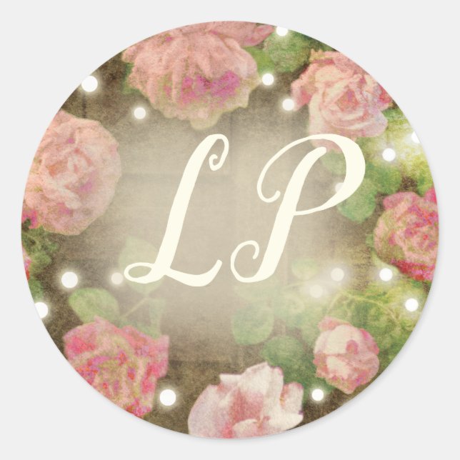 Sticker Rond Rose Rustique Rose Floral Chaîne Lumière Monogramm (Devant)