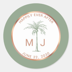 Sticker Rond Rose Sage Gold Palm Tree Monogramme Mariage tropic