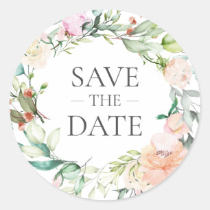 Sticker Rond Rose sauvage Floral Garland Enregistrer la date Fa