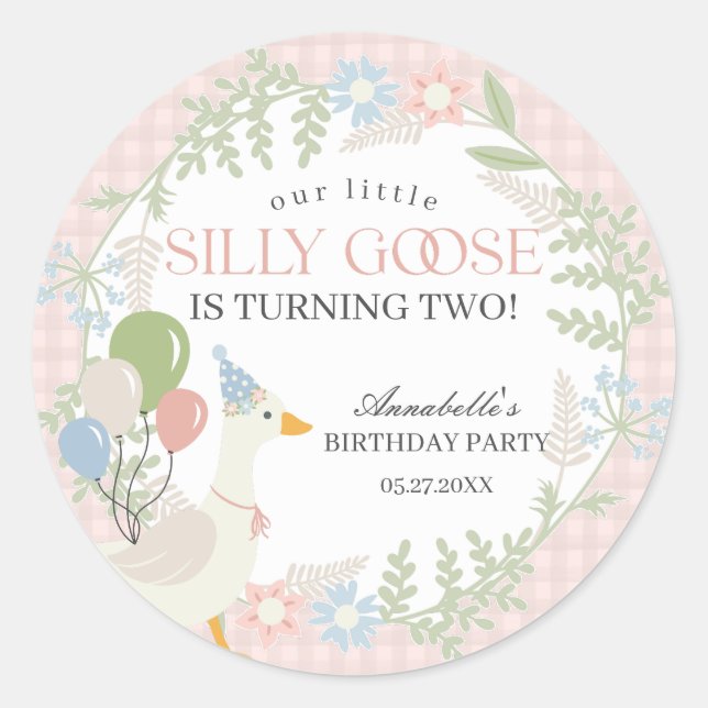 Sticker Rond Rose Silly Goose Floral En vichy Baby shower Faveu (Devant)