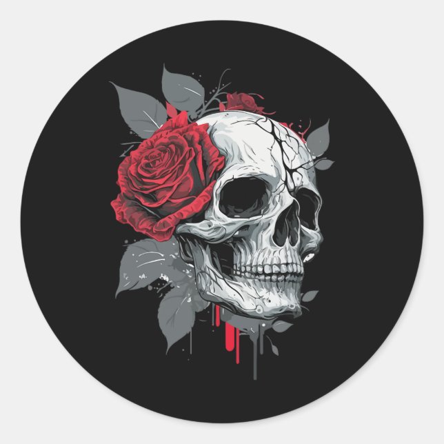 Sticker Rond Rose Skeleton Skull main rouge Fleur Rose (Devant)