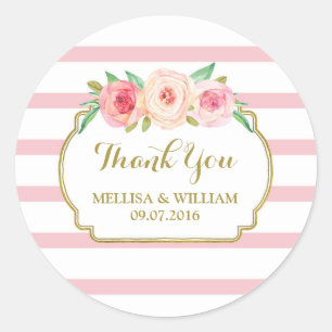 Sticker Rond Rose Stripes Gold Rose Floral Wedding Favor Tags