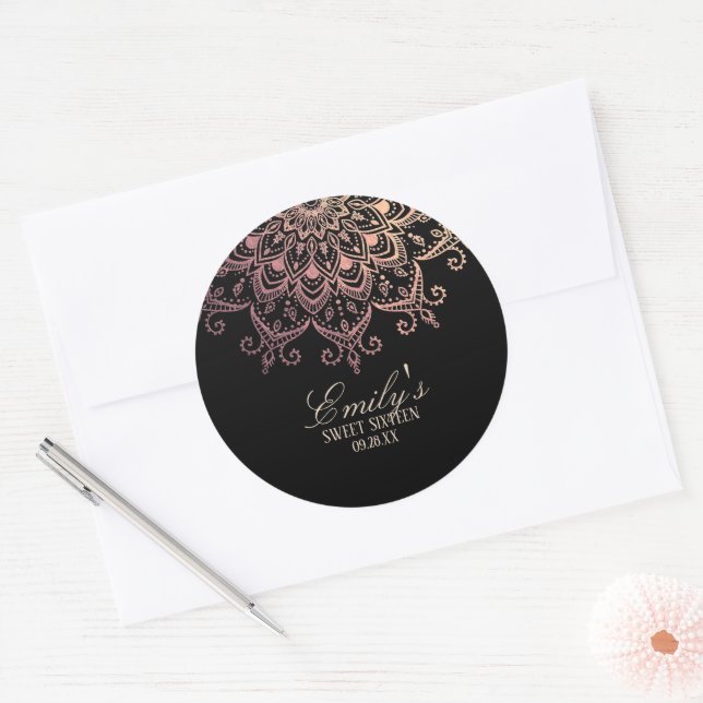 Sticker Rond Rose tendance Gold Mandala Sweet 16 (Enveloppe)