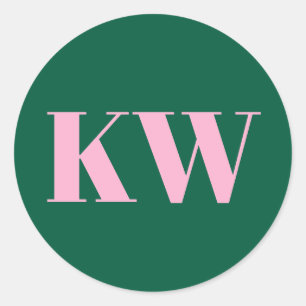 Sticker Rond Rose Vert Grand Monogramme Initiales Personnalisée