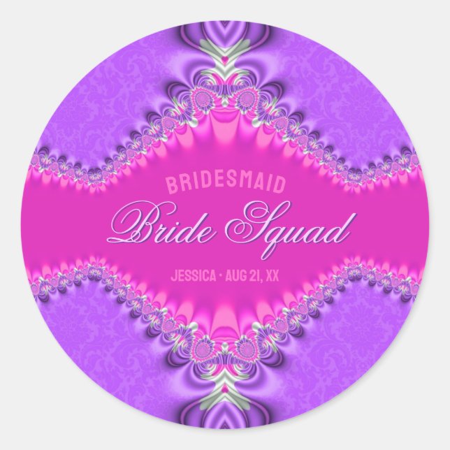 Sticker Rond Rose Violet Damassé Lace Équipe de Mariée (Devant)