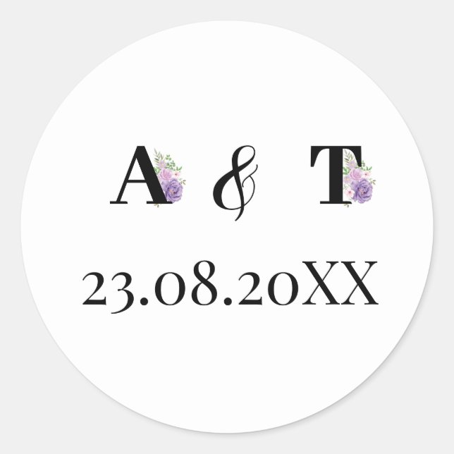 Sticker Rond Rose violet Dusty Floral Monogram Mariage (Devant)