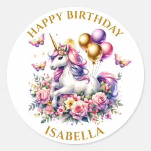 Sticker Rond Rose violet et or Unicorne Anniversaire Personnali