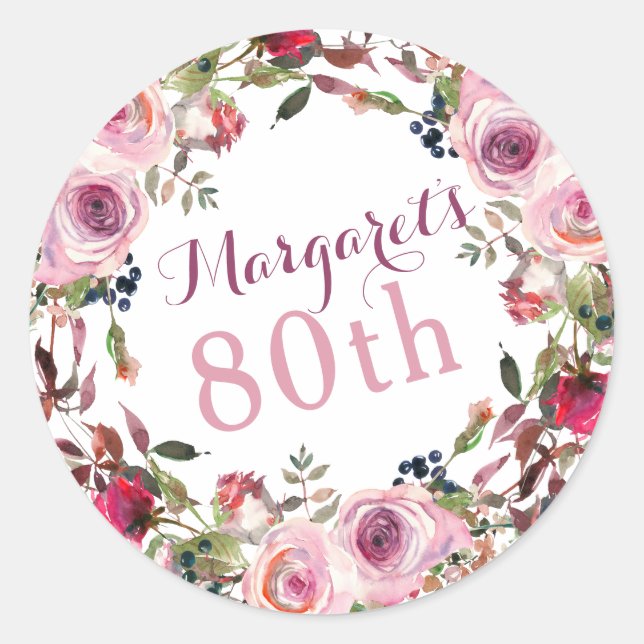 Sticker Rond Rose violet Floral 80e anniversaire (Devant)
