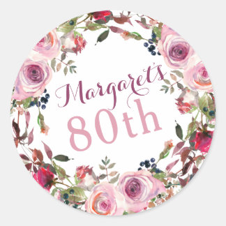 Sticker Rond Rose violet Floral 80e anniversaire