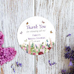 Sticker Rond Rose violet Floral & Papillons Merci<br><div class="desc">Élégants,  jolis et charmants,  ces autocollants arborent de jolies fleurs roses et violettes avec des papillons et des bourdons qui volent autour. Customisez facilement tout le texte et les graphiques.</div>