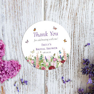 Sticker Rond Rose violet Floral & Papillons Merci