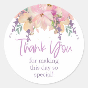 Sticker Rond Rose violet Merci Floral Mariage Anniversaire
