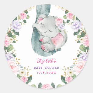 Sticker Rond Rose violet or Floral Eléphant Baby shower fille