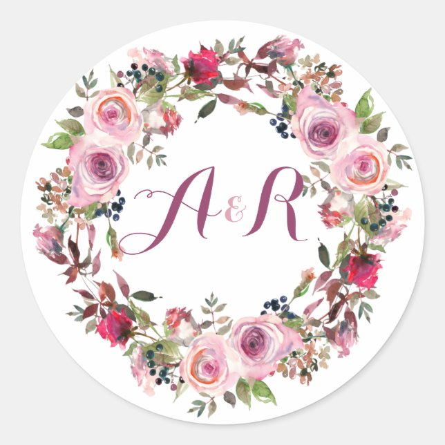 Sticker Rond Rose violet Rose rose Mariage de monogramme (Devant)