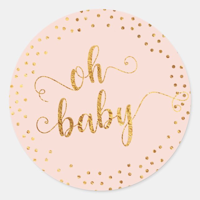 Sticker Rond Rosée Noire "Oh Baby" Faux Gold Foil Confetti (Devant)