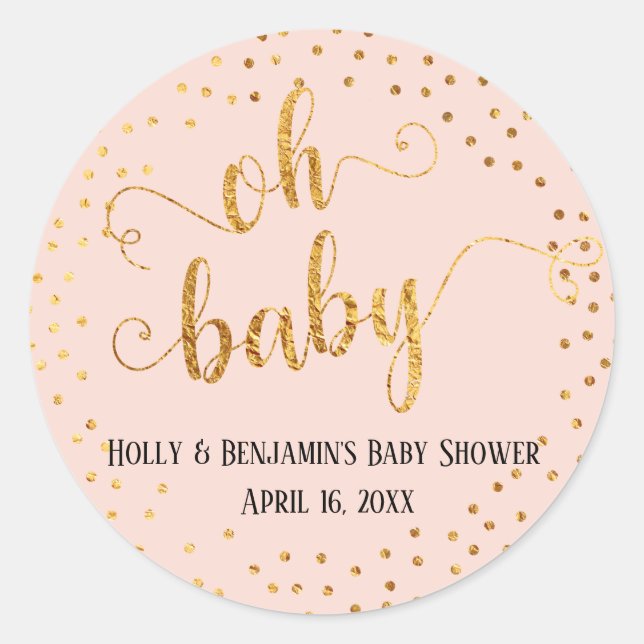 Sticker Rond Rosée Noire "Oh Baby" Faux Gold Foil Confetti (Devant)