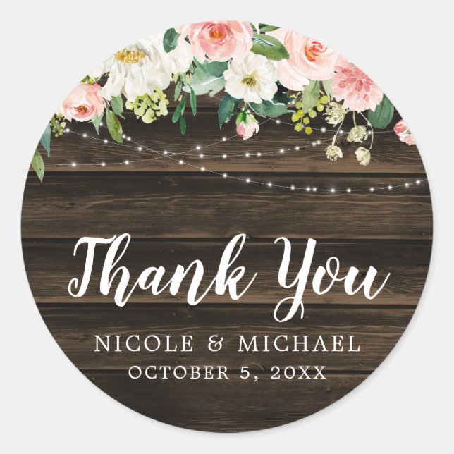 Sticker Rond Rosée Rustique Florale Lumière Merci Mariage (Devant)