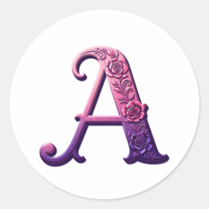 Sticker Rond Rosemaling Métallisé Moderne Lettre A, Rose/Violet