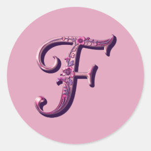 Sticker Rond Rosemaling Métallisé Moderne Lettre F, Rose/Violet