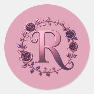 Sticker Rond Rosemaling Métallisé Moderne Lettre R, Rose/Violet