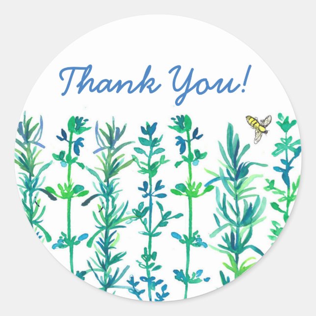 Sticker Rond Rosemary Thyme Bee Aquarelle Herbes Merci (Devant)