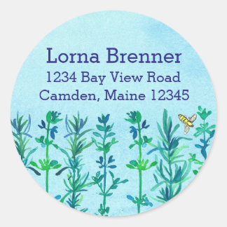Sticker Rond Rosemary Thyme Bee Aquarelle Herbes Retour Adresse
