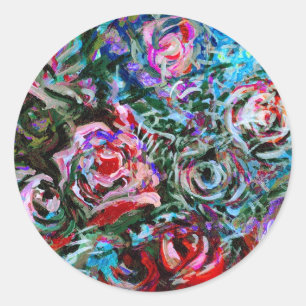 Sticker Rond Roses abstraits en rouge et turquoise -