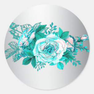 Sticker Rond Roses Aqua et Mariage Silver
