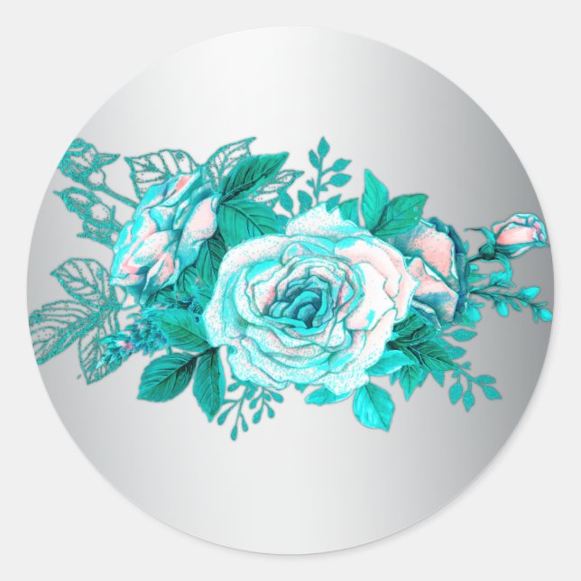 Sticker Rond Roses Aqua et Mariage Silver (Devant)