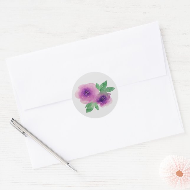 Sticker Rond Roses Aquarelle Violettes (Enveloppe)