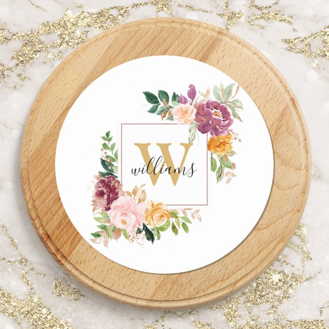 Sticker Rond Roses aquarelles à fleurs dorées Monogramme Floral (In situ)